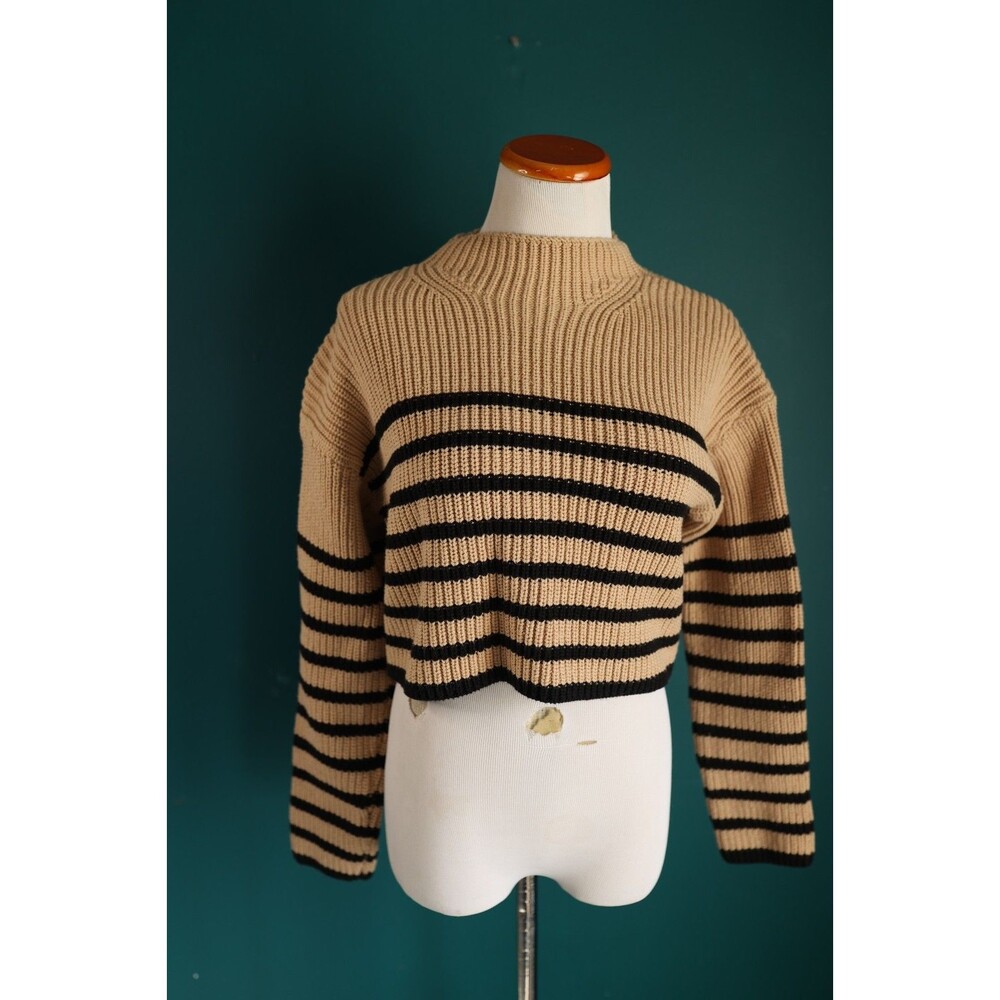 Miou Muse Womens Cropped Knit Sweater Stripes Black Tan Preppy Small
